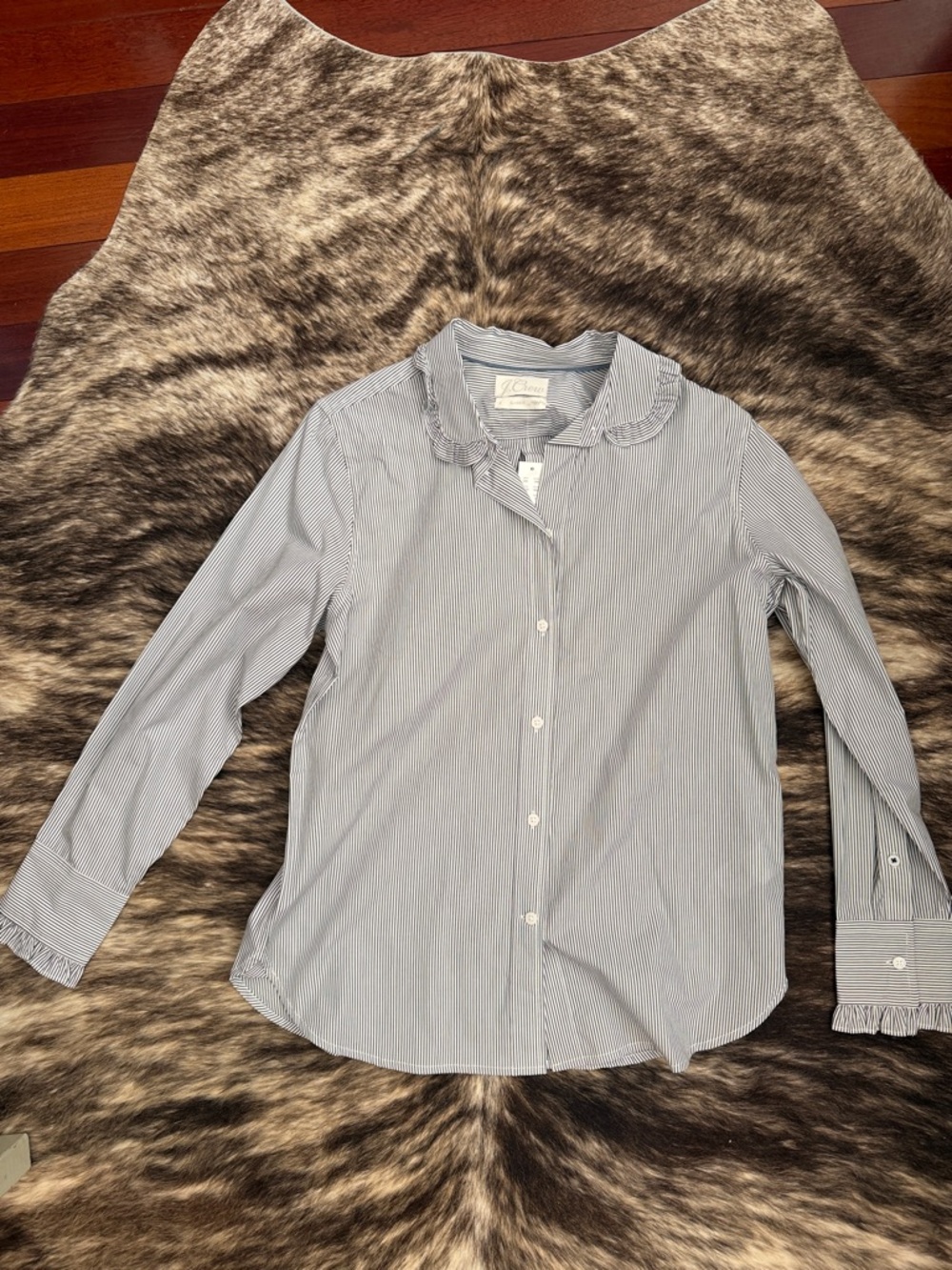 J. Crew Blue and White Pinstripe Ruffle-Collar Button-Down Shirt